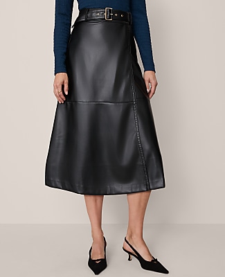 Petite Faux Leather Belted Wrap Skirt - Black