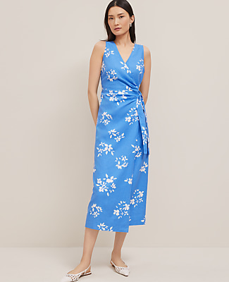 Floral Linen Blend V-Neck Wrap Dress