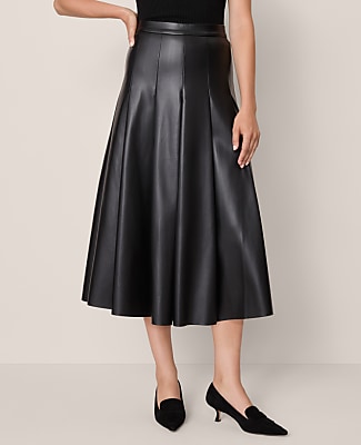 Faux Leather Pleated Midi Skirt - Black