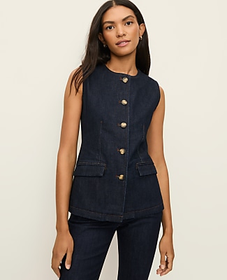 The Petite Long Crew Neck Vest in Denim