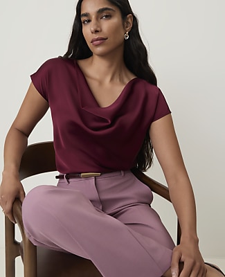 Ann Taylor Petite Short Sleeve Cowl Neck Top Satin Women's