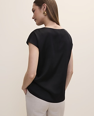Petite Short Sleeve Cowl Neck Top in Satin