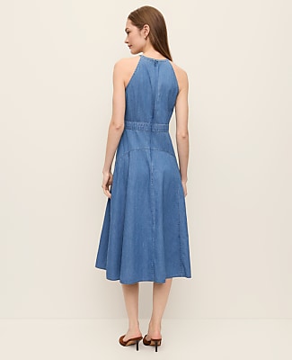 Halter Flare Midi Dress in Chambray
