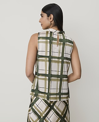 Plaid Draped Cowl Neck Top