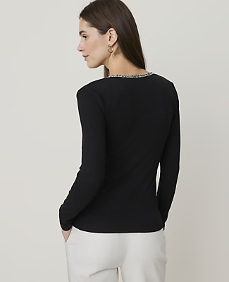 Tweed Trim Ribbed Top