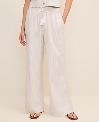 Petite Weekend Striped Easy Fit Wide-Leg Pant in Linen Blend