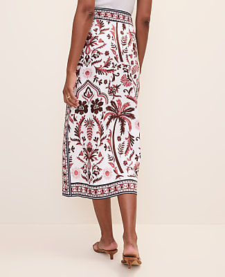 Petite Weekend Palm Tree Print Sarong Midi Skirt in Linen Blend