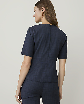 Petite Plaid Crew Neck Peplum Top - Blue Combo Fancy Check