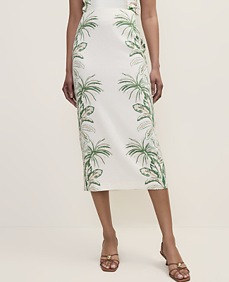 Petite Palm Print Column Midi Skirt in Linen Blend