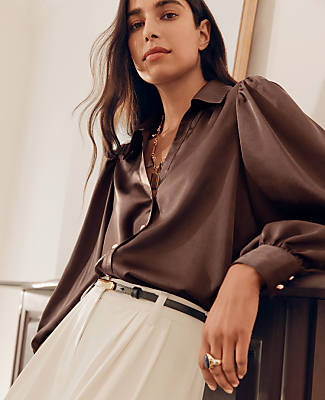 Petite Split Neck Blouse in Satin