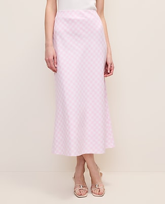Gingham Linen Blend Midi Slip Skirt