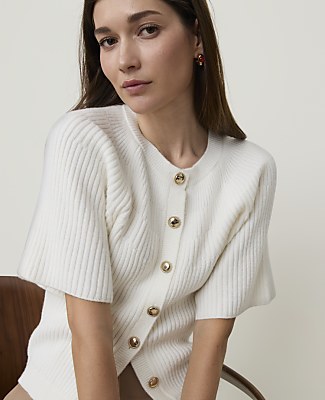 Petite Ribbed Crew Neck Cardigan