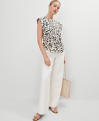 Linen Blend Floral Pintucked Top
