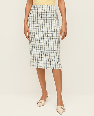 The Column Midi Skirt in Plaid Tweed
