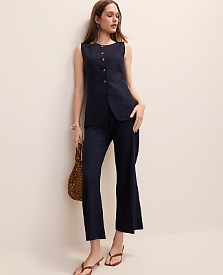 The Petite Long Crew Neck Vest in Linen Blend