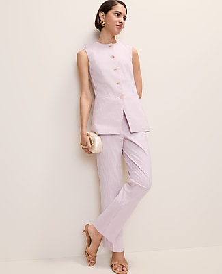 The Petite Long Crew Neck Vest in Seersucker