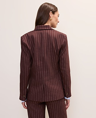 The Pinstripe Long One Button Blazer in Linen Blend