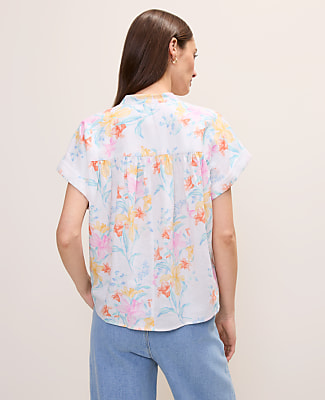 Petite Floral Linen Blend Split Neck Blouse