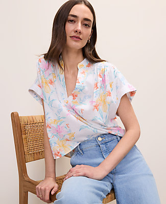 Petite Floral Linen Blend Split Neck Blouse