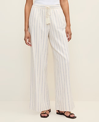 Petite Weekend Striped Easy Fit On Wide-Leg Pant in Linen Blend