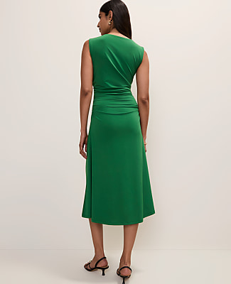 Asymmetric Twist Shoulder Midi Dress