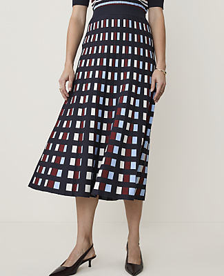 Ann Taylor Checked Pleated Midi Sweater Skirt Blue Multi Women's