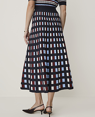Ann Taylor Checked Pleated Midi Sweater Skirt Blue Multi Women's
