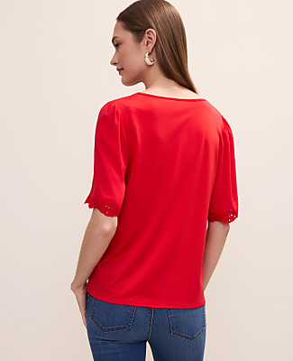 Petite Embroidered Mixed Media Top