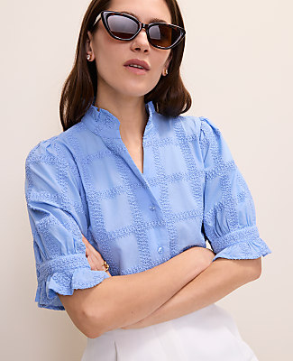 Petite Crochet Ruffle Collar Blouse