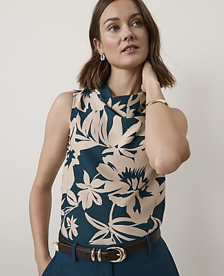 Ann Taylor Floral Draped Cowl Neck Top In Sail Cloth