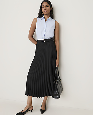 Ann Taylor Belted Pleated Midi Skirt In Black