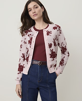 Ann Taylor Petite Floral Jacquard Cardigan In Rich Merlot