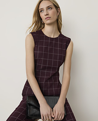 Ann Taylor The Petite Crew Neck Peplum Top In Burgundy Windowpane