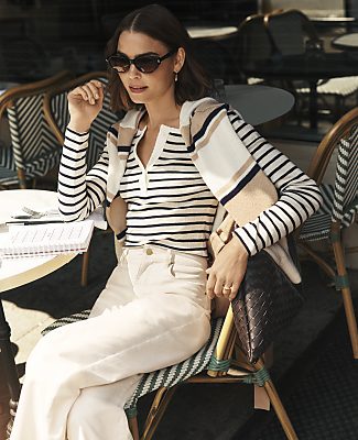 Petite Weekend Striped Pointelle Henley Top
