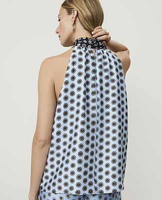 Ann Taylor Geo Print Sleeveless Tie Neck Blouse Night Sky Women's