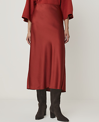Ann Taylor Midi Slip Skirt Satin Red Ochre Women's