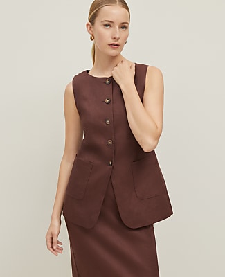 The Petite Long Crew Neck Vest in Linen Blend