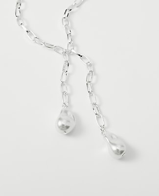 Double Pearl Lariat Necklace - Silvertone