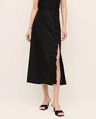 Lace Trim Linen Blend Midi Skirt