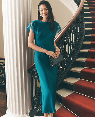 Petite Lace Trim Satin Midi Dress