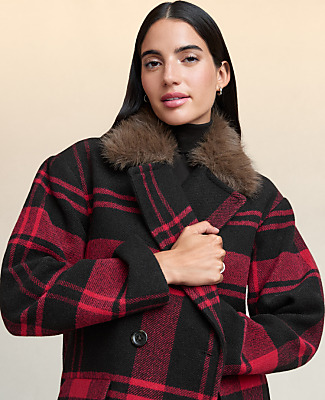 Petite Weekend Plaid Faux Fur Trimmed Peacoat