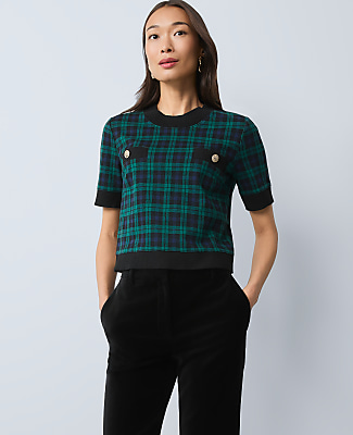 Plaid Sweater Trim Top