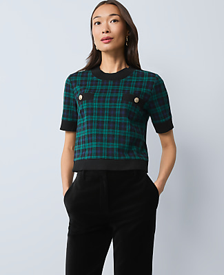 Petite Plaid Sweater Trim Top