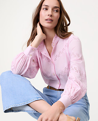 Petite Weekend Eyelet Ruffle Collar Shirt