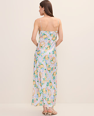 Lemon Print Cowl Neck Slip Dress in Satin