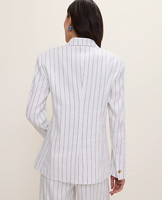 The Pinstripe Long One Button Blazer in Linen Blend