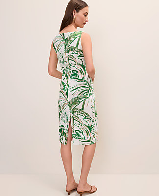 Palm Tree Print Column Midi Dress in Linen Blend