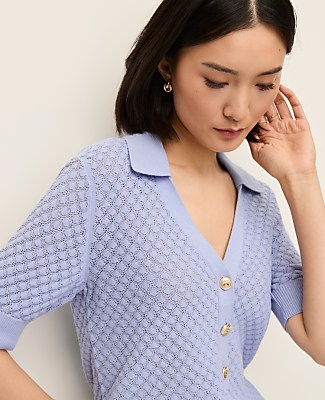Petite Pointelle Polo Sweater