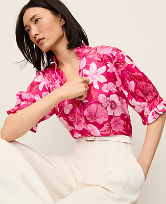 Petite Floral Ruffle Collar Blouse