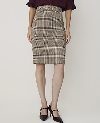 Petite Plaid Belted Midi Pencil Skirt
